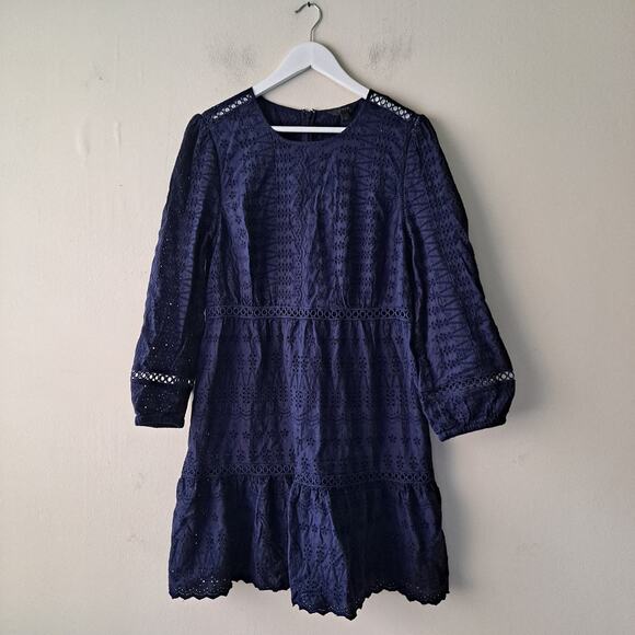 J. Crew Eyelet Lace Dress Long Sleeve Flutter Hem Mini Navy Blue Womens Size 12 - Picture 4 of 15